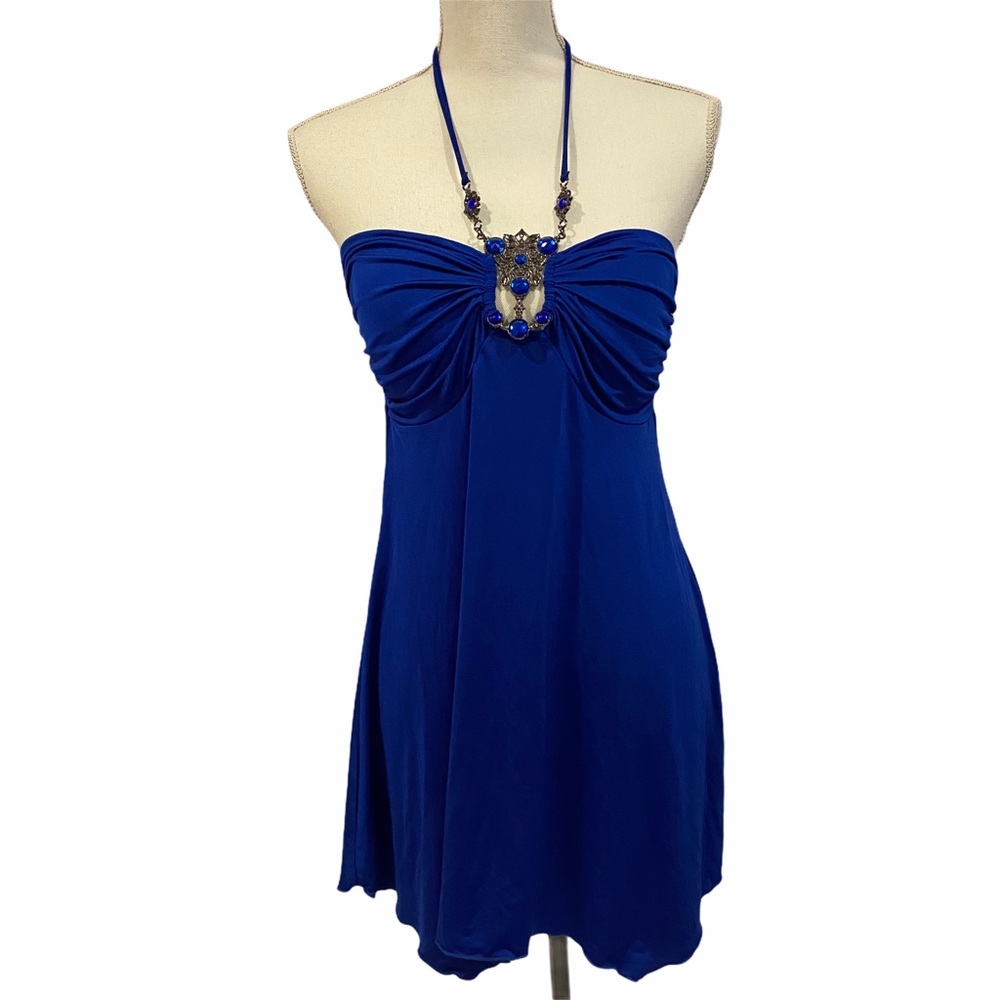 Cache VTG y2k Embellished Blue Halter Tube Dress M
